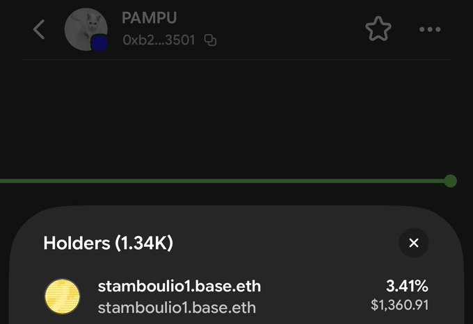 A cryptocurrency tracker screen showing a token called 'PAMPU' (0xb2...3501) with 1.34K holders, where stamboulio1.base.eth holds 3.41% valued at $1,360.91.