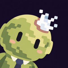 A cute cartoon illustration of a green, brain-like character with an exposed skull fragment on its head, wearing a tie against a dark purple background.