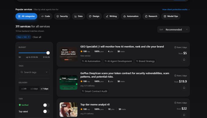 A dark-themed web interface showing 311 services for all services, including a 'GEO Specialist' offering to monitor AI mentions for $5 and a 'GoPlus DeepScan' for smart contract audits from $19.9.