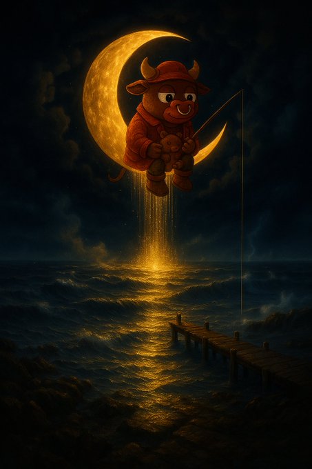 The image features a cartoon bull sitting on top of a crescent moon with its horns pointing towards the right side of the image. The background shows a dark sky filled with clouds, creating an atmosphere of mystery and intrigue. In the bottom left corner of the image, there is text that reads "Good Night PEPO frenz! Solana runs fast, so wake up ready." This message seems to be related to the cartoon bull's character or the overall theme of the post.