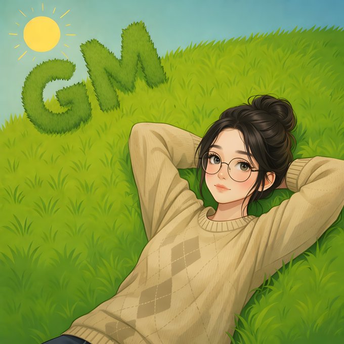 A digital illustration of a young woman with dark hair in a bun and round glasses, wearing a beige sweater and relaxing in green grass under a sun, with the word 'GM' formed by grass shapes.