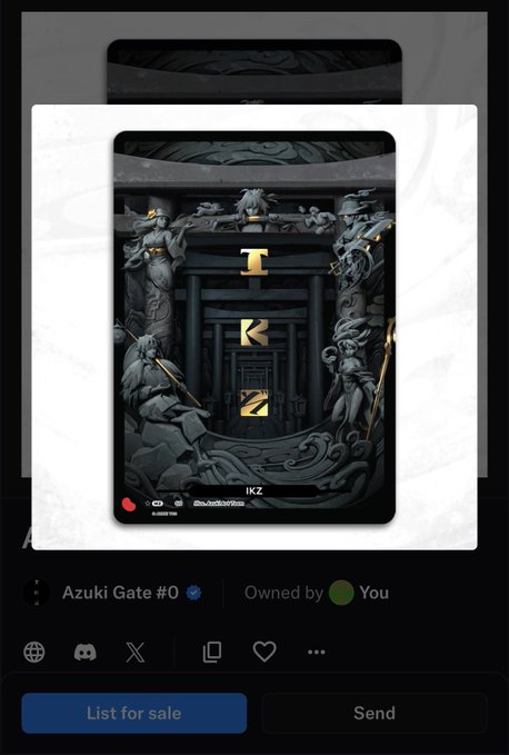 A digital wallet interface displays an NFT card titled 'Azuki Gate #0' featuring dark statues with gold accents, with options to 'List for sale' or 'Send'.