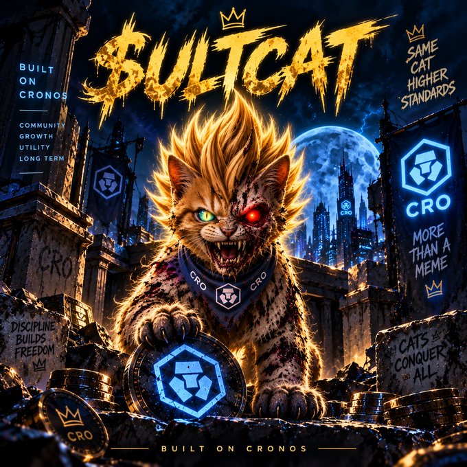 A promotional poster for 'BULTCAT' featuring a fierce, golden-furred cat with one glowing red eye and one green eye, standing over glowing blue 'CRO' tokens with text including 'BUILT ON CRONOS', 'COMMUNITY GROWTH UTILITY LONG TERM', and 'CATS CONQUER ALL'.