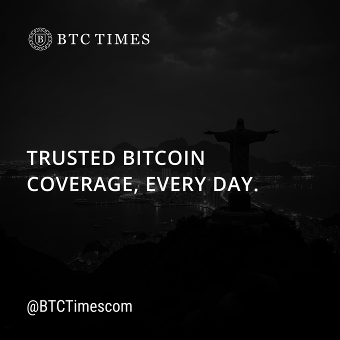 A dark promotional graphic for 'BTC TIMES' featuring a silhouette of the Christ the Redeemer statue over a cityscape, with the text 'TRUSTED BITCOIN COVERAGE, EVERY DAY.' and '@BTCTimescom'.