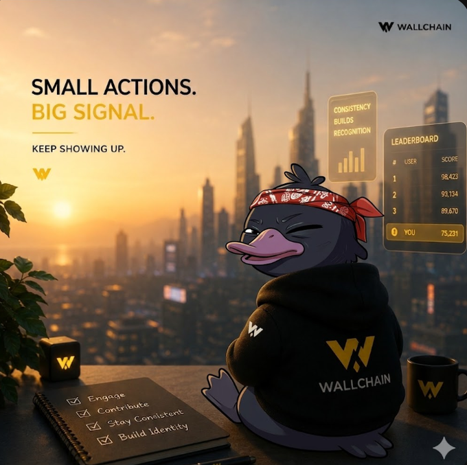 urn of a city skyline, with a duck wearing a red bandana and black hoodie reading "Wallchain" against a sunset backdrop.