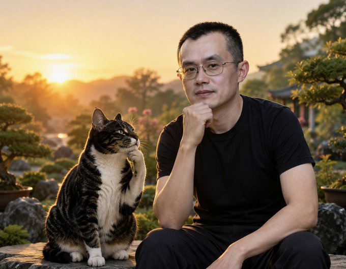 A man with glasses wearing a black t-shirt sits on a stone surface next to a tabby cat with white chest, set against a sunset landscape with bonsai trees and traditional East Asian architecture.