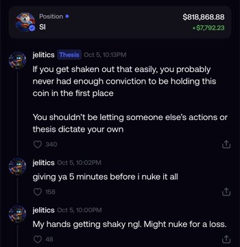 A social media post showing a portfolio position of $818,868.88 and comments from user 'jelitics' discussing a crypto coin and threatening to 'nuke it all'.