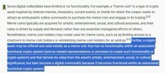 A text document discussing crypto-related narratives including meme coins, AI tokens, and RWA (Real World Assets), mentioning Shiftelberg co-founders and an upcoming airdrop.