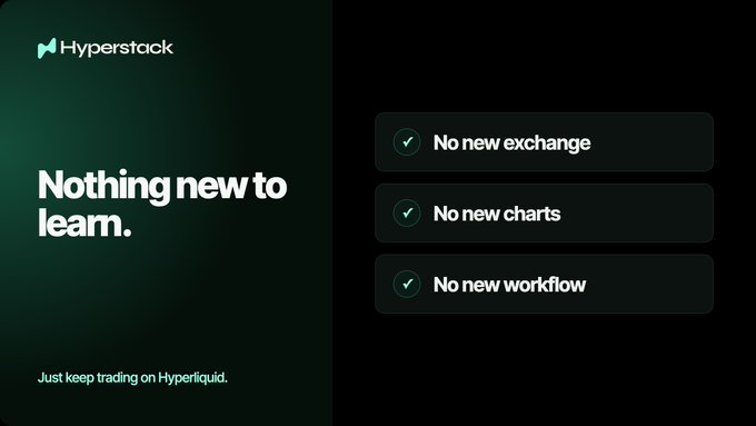 A dark-themed promotional graphic for 'Hyperstack' stating 'Nothing new to learn' and instructing users to 'Just keep trading on Hyperliquid,' with checkmarks confirming 'No new exchange,' 'No new charts,' and 'No new workflow.'
