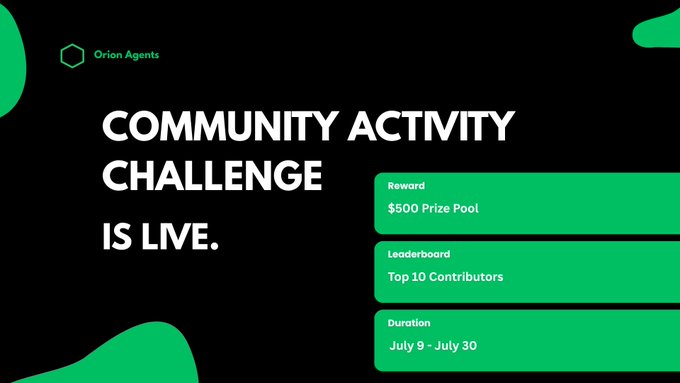 The image is a promotional graphic for the Orion Agents Community Activity Challenge, featuring bold white text on a black background with green accents announcing a $500 prize pool, rewards for the top 10 contributors, and a contest duration from July 9 to July 30. It visually reinforces the post's call to action, highlighting the key details of the reward structure and timeline to encourage community participation.