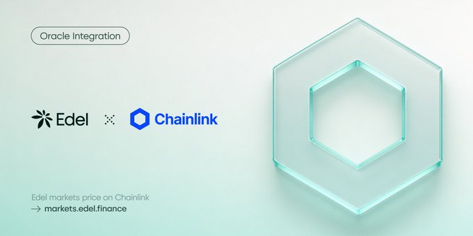 A promotional graphic announcing Edel Finance's integration with Chainlink as an oracle, featuring logos for both companies and the text 'Oracle Integration' and 'Edel markets price on Chainlink → markets.edel.finance' alongside a translucent hexagonal graphic.