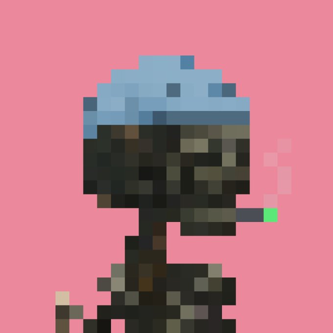 A pixel art depiction of a figure wearing a blue beanie, smoking a cigarette with a green tip against a solid pink background.