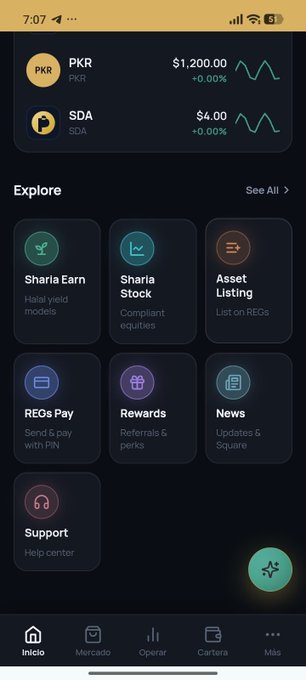 The image displays a cryptocurrency wallet app showing balances of $1,200.00 PKR and $4.00 SDA, along with menu options like Sharia Earn, Sharia Stock, Rewards, and Support. It relates to the post by showcasing the SDA token held in the Sidra Chain wallet, visually reinforcing the warning to keep SDA secure within the official app and avoid unauthorized transfers or swaps.