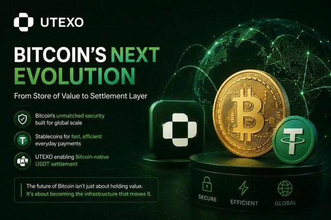 A promotional graphic for UTEXO titled 'BITCOIN'S NEXT EVOLUTION: From Store of Value to Settlement Layer', featuring a Bitcoin coin and USDT (Tether) token with a globe backdrop.