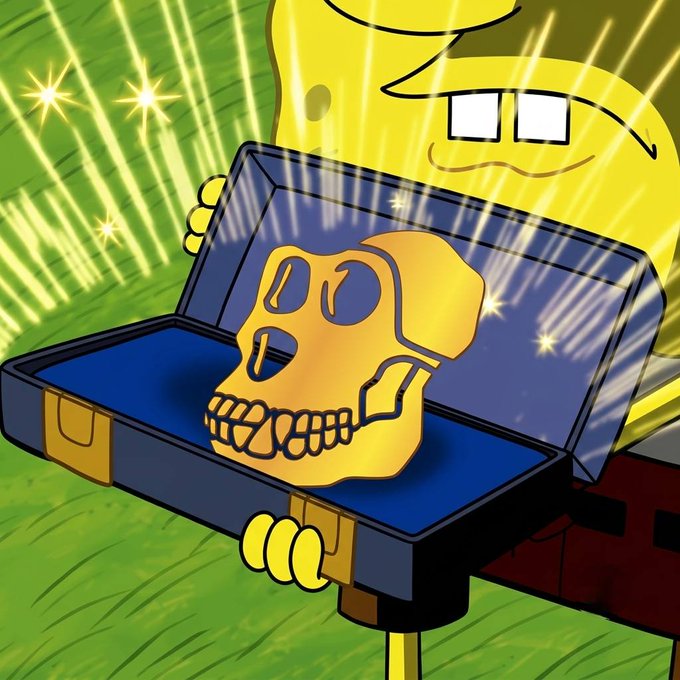 A cartoon depicts a yellow character opening a treasure chest to reveal a glowing golden skull, with sparkles radiating from the open chest.