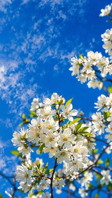 The image depicts a branch full of white flowers against a backdrop of a bright blue sky with white clouds. It appears as if the flowers are growing from the sky, creating an impressive visual effect. The surrounding sky seems to have a calming presence that complements the beauty and tranquility of the blossoming flowers. The post features information about how to achieve this visual effect using a chain-abstraction strategy, which adds a unique touch to the image.