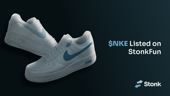 A pair of white and blue Nike sneakers sits beside the text "NKE Listed on StonkFun," visually tying the branded footwear to the announcement that Nike's tokenized stock ($NKE) is now available for coin pairings on the StonkFun platform.