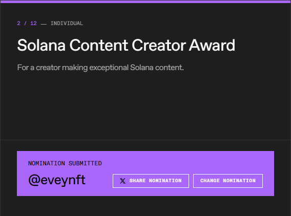 A purple-themed nomination page for the "Solana Content Creator Award" showing "NOMINATION SUBMITTED" for @eveynft.