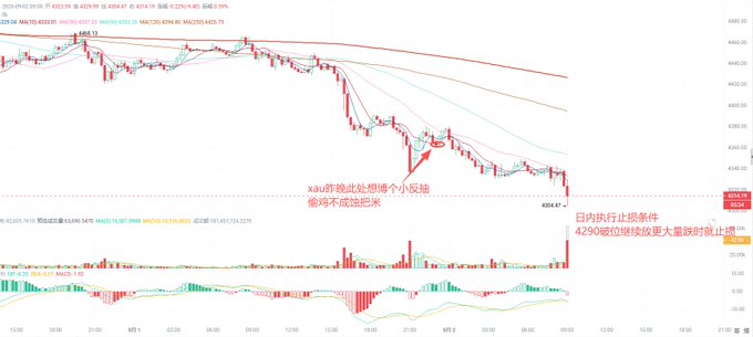 A financial trading chart displays candlestick price action with moving average lines, volume bars, and Chinese text annotations including '4290做空建仓' and '4293做空续仓', alongside numerical price levels on the right axis.