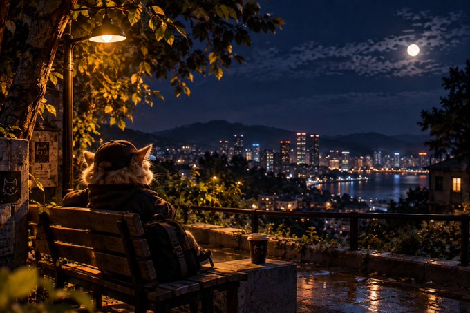 An illustration of a cat wearing a cap and backpack sitting on a bench under a streetlamp at night, overlooking a city skyline by a lake with the moon in the sky.