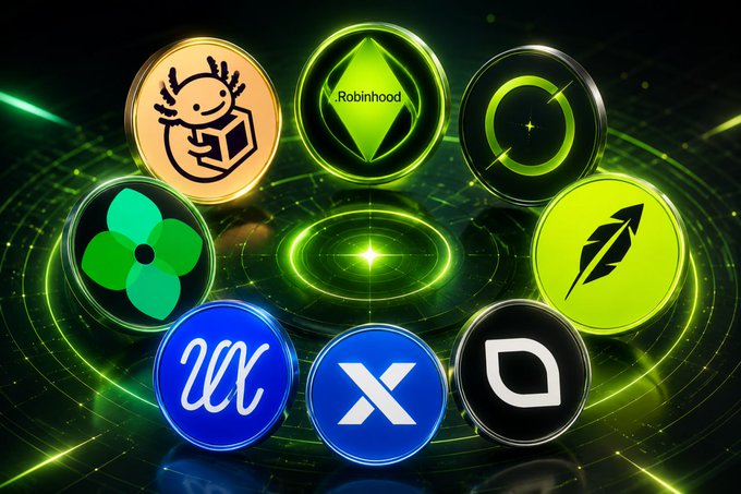 A collection of cryptocurrency coin icons, including one for Robinhood, is arranged in a circle on a glowing green background.