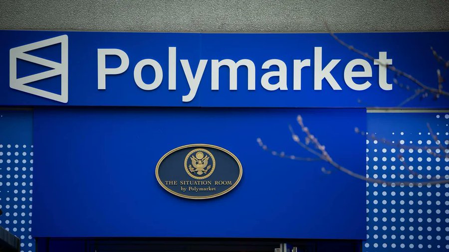 A blue storefront sign displays the white 'Polymarket' logo and name, with a gold oval plaque below reading 'THE SITUATION ROOM by Polymarket.'