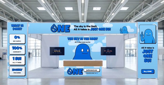A 3D rendering of a convention booth for 'ONE' token with the tagline 'The sky is the limit' and water drop mascot, displayed in a large exhibition hall.