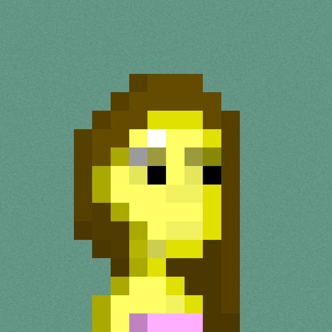 A pixel art illustration of a woman with long brown hair and a pink top against a teal background, rendered in a low-resolution, blocky style.