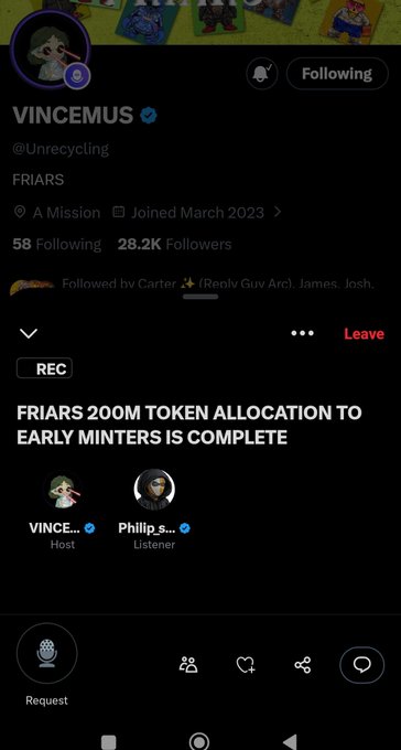 A Clubhouse profile for user VINCEMUS (@Unrecycling) under the group 'FRIARS' announcing 'FRIARS 200M TOKEN ALLOCATION TO EARLY MINTERS IS COMPLETE' with 28.2K followers.