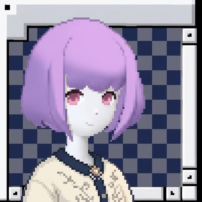 Pixel art portrait of a girl with short purple hair and pink eyes in a cream patterned top against a blue checkered background.