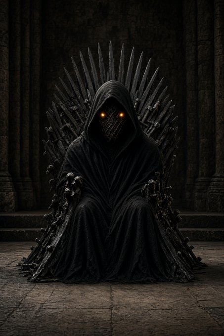 A dark, hooded figure with glowing orange eyes sits upon a throne of swords in a dimly lit stone chamber.