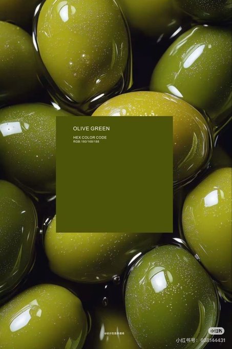A close-up of green olives with a color swatch overlaid showing 'OLIVE GREEN' with the hex color code 'RGB:180/168/88'.