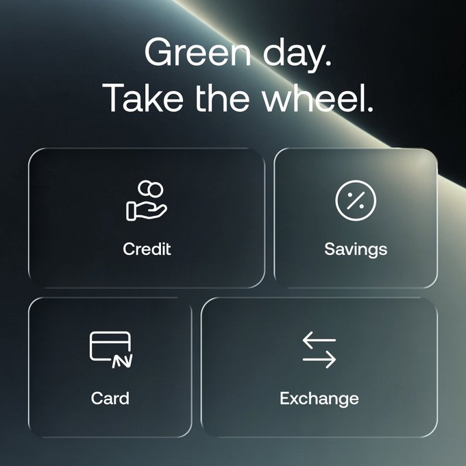 A sleek digital menu displays four options—Credit, Savings, Card, and Exchange—beneath the heading "Green day. Take the wheel." The interface visually reinforces the post's message by presenting users with crypto-friendly financial tools that allow them to leverage Bitcoin's rally above $85K without needing to sell their holdings.