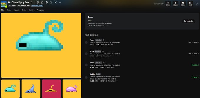 A digital collectibles interface titled 'On Chain Pippy Seer' (NFT) showing a pixel-art teal whale creature on a yellow background, with mint schedules for teams, GTO, FOFs, and public rounds and pricing in ETH.