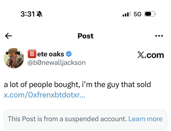 A suspended X.com post by Bete oaks (@b0newalljackson) reading 'a lot of people bought, i'm the guy that sold' with a notice that the post is from a suspended account.