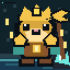 A pixel art illustration depicts a blonde character wearing a crown and blue/teal outfit holding a mug.