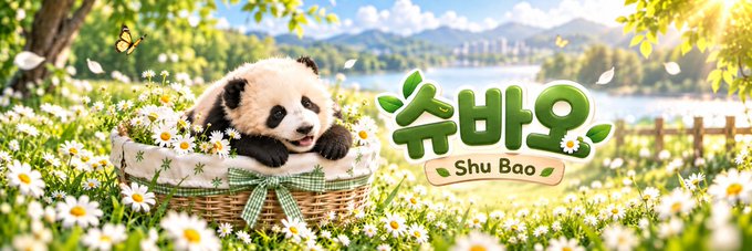 A baby panda sits in a wicker basket surrounded by daisies, with a banner reading "슈바오 Shu Bao" in green leaf-themed lettering. The banner image relates to the Solana token $슈바오 on Moby, featuring the cute panda mascot in a serene meadow setting.