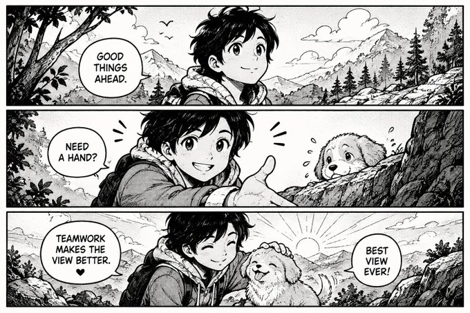 A three-panel black and white manga-style comic where a boy hikes in the mountains, offers 'NEED A HAND?' to a stranded puppy, and together they enjoy the 'BEST VIEW EVER!' with the message 'TEAMWORK MAKES THE VIEW BETTER.'