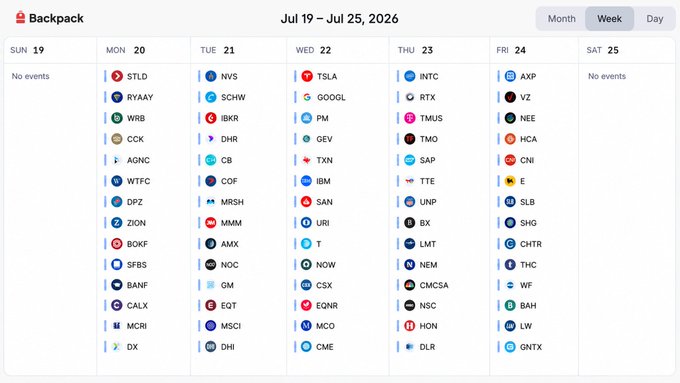 This image shows a "Backpack" earnings calendar from July 19-25, 2026, with companies like TSLA, GOOGL, and INTC scheduled for earnings reports that week. It serves as a visual representation of the earnings schedule mentioned in the accompanying post.