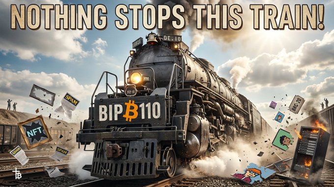 A dramatic illustration depicts a steam locomotive labeled 'BIP110' charging forward with the bold headline 'NOTHING STOPS THIS TRAIN!' while crushing various cryptocurrency and NFT-themed icons in its path.