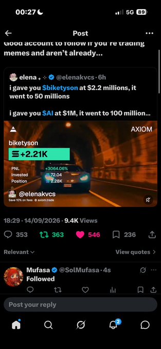 A screenshot of a post on X by @elenakvcs about trading 'memes,' showing a $2.21K profit on biketyson ($BIKETYS) and mentioning a trade on SAI that went to 100 million.