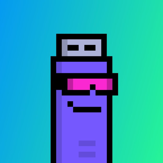 A pixel-art character resembling a purple USB flash drive with a gray connector and pink accent stripe stands against a blue-to-green gradient background.