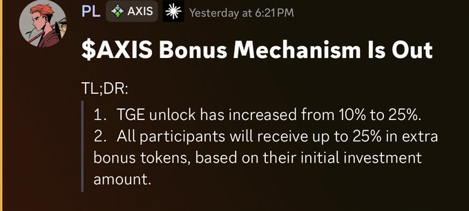 A Discord message from a user named PL announces that the $AXIS bonus mechanism is now out, detailing that the TGE unlock has increased from 10% to 25%, with participants eligible for up to 25% in extra bonus tokens based on their initial investment amount—aligning with the accompanying post's excitement about Axis Robotics' surprise post-sale announcement.