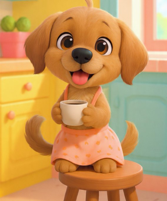 A cute 3D-rendered cartoon of a smiling golden puppy wearing a pink polka-dot apron, holding a coffee mug while sitting on a wooden stool in a colorful kitchen setting.