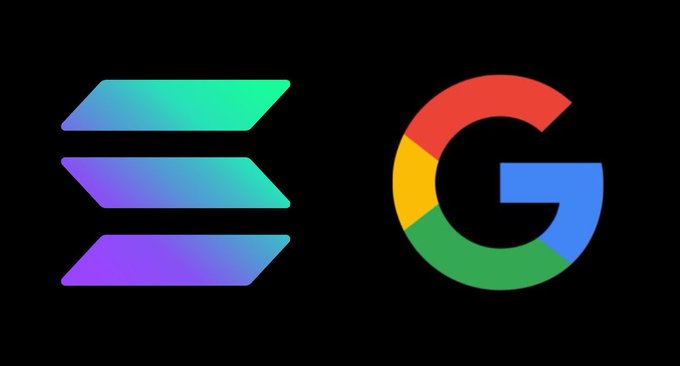 The image shows the Solana logo (three stacked parallelograms in gradient blue-green-purple) next to Google's iconic multicolored "G" logo, visually representing the post's bold claim that "Solana will be bigger than Google."