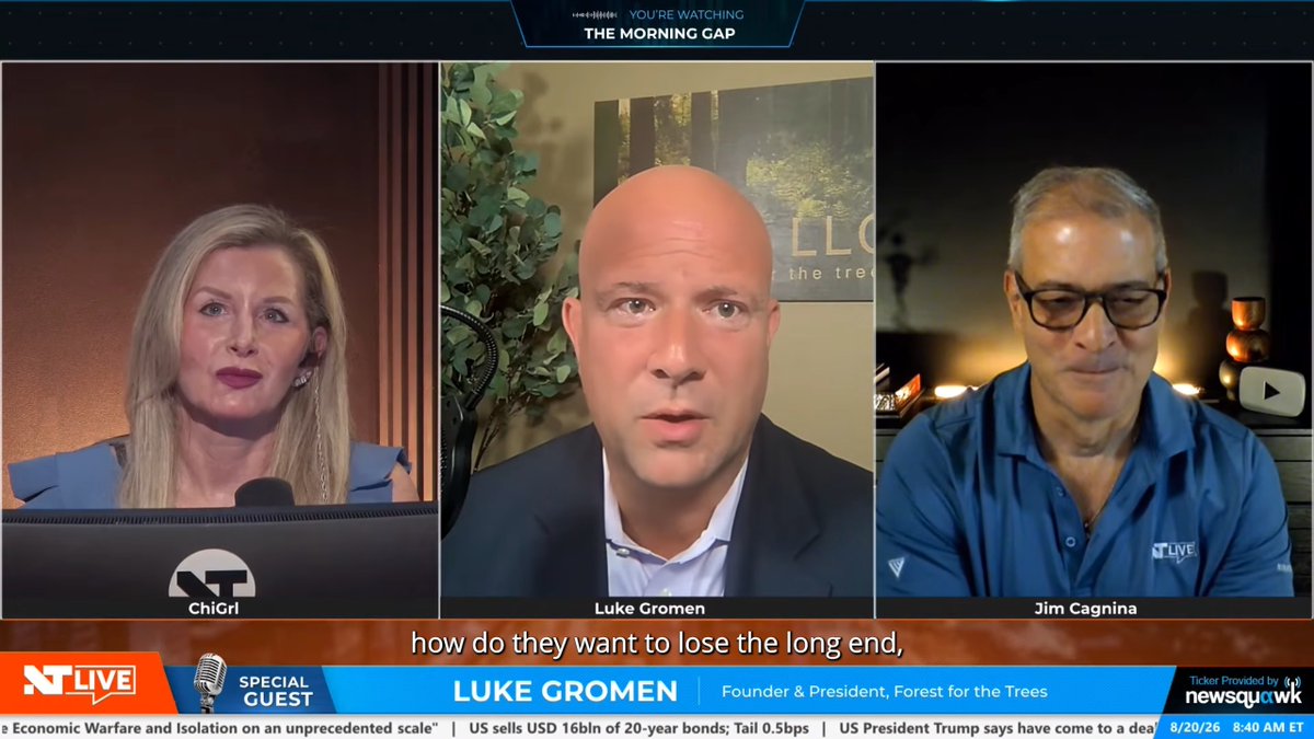 Luke Gromen appears as a special guest on The Morning Gap, discussing the U.S. debt crisis and advocating for a "run it hot" strategy involving 15-18% inflation to reduce Debt-to-GDP to a more manageable 70%. The broadcast, dated August 20, 2026, also features headlines about U.S. economic warfare, $16 billion in 20-year bond sales, and President Trump, alongside co-hosts ChiGrl and Jim Cagnina.