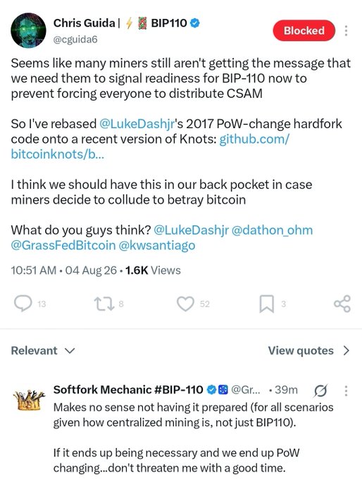 This image shows a Twitter thread about BIP110, a proposed Bitcoin upgrade, with users discussing its readiness and implications. The post "The finish line" likely refers to the successful implementation or consensus on BIP110.