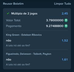 The image displays a Stake betting slip with a multi-game accumulator totaling a 2.45 odds, featuring two "Não" (No) bets: King Green vs Esteban Ribovics not going to decision (1.52) and Figueiredo, Delveson vs Talbott, Poynton not going to decision (1.61), with a total payout of 9.27488800.