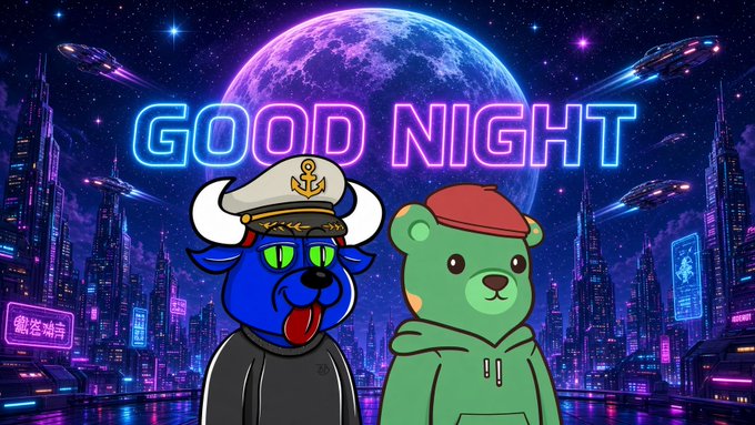 A vibrant neon-style illustration featuring two cartoon characters—a blue dog in a sailor hat and a green bear in a hoodie—posing under a "GOOD NIGHT" sign with a futuristic city and moon in the background.