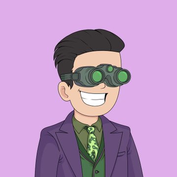 A cartoon illustration of a smiling man wearing a purple suit, a green tie with money symbols, and green night-vision goggles.